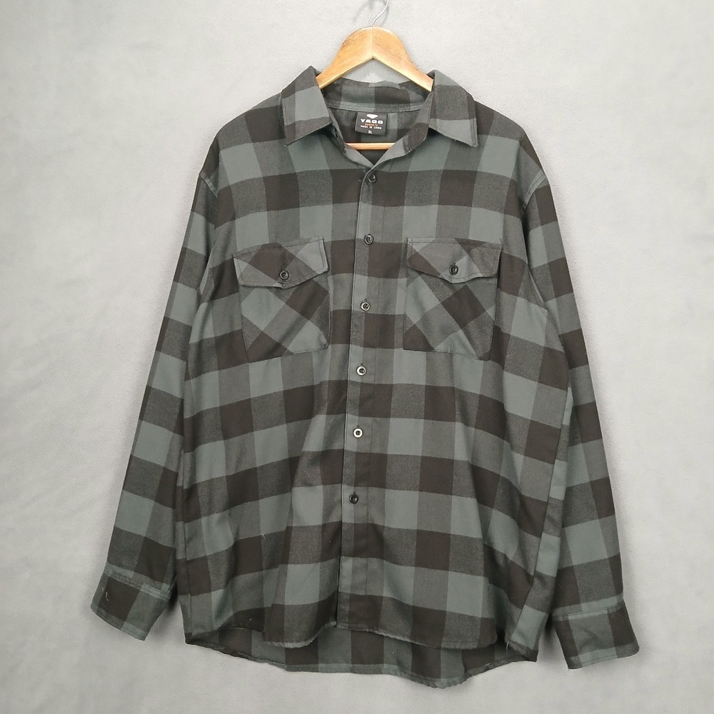 YAGO Shirt Mens XL Pale Green Black Buffalo Check Lumberjack Cabincore Button Up